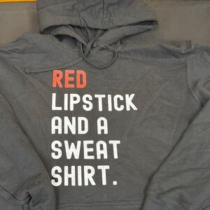 Port & Company Black Hoodie with Red White Text red lipstick and a sweatshirt xl